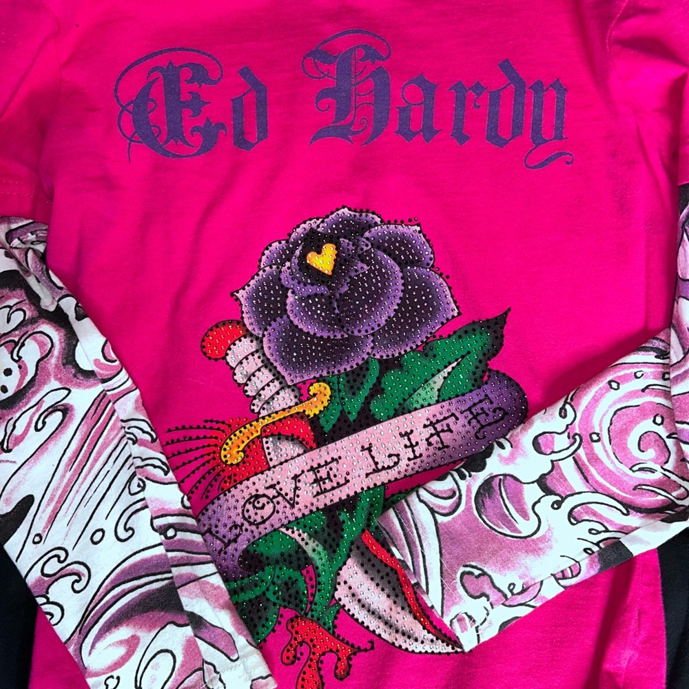 Ed Hardy Pink Graphic Long Sleeve Shirt